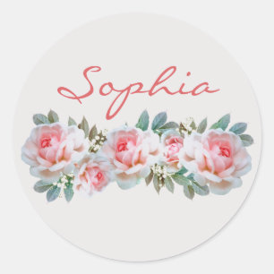 Pegatina Redonda Nombre personalizado Roses rosas rosas blancas Flo