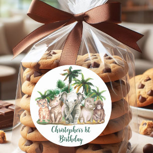 Pegatina Redonda Nombre personalizado Safari Animales Palm Trees