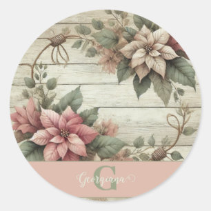 Pegatina Redonda Nombre personalizado Shabby Chic Pastel Poinsettia