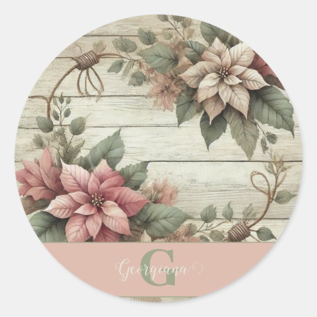 Pegatina Redonda Nombre personalizado Shabby Chic Pastel Poinsettia (Anverso)