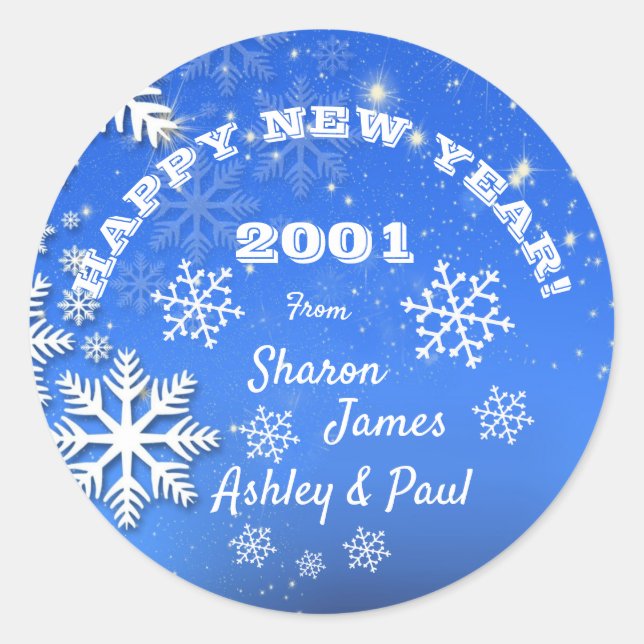 Pegatina Redonda Nombre personalizado Snowflakes Happy New Year 200 (Anverso)
