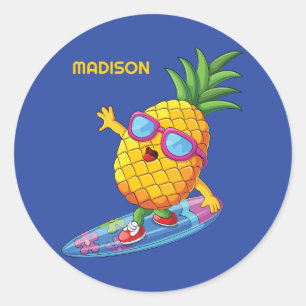 Pegatina Redonda Nombre personalizado Surfing Pineapple