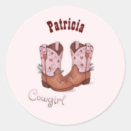 Pegatina Redonda Nombre personalizado trendy Cute Cow Girl Boots ro