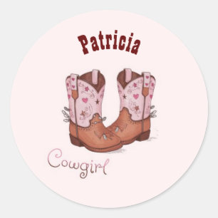 Pegatina Redonda Nombre personalizado trendy Cute Cow Girl Boots ro