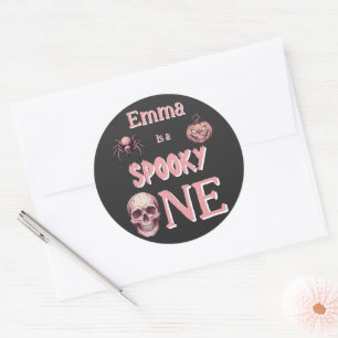 Pegatina Redonda Nombre personalizado Vintage Pastel Rosa "Spooky O