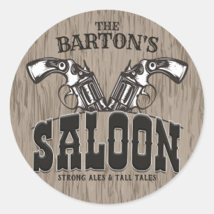 Pegatina Redonda NOMBRE personalizado Wild West Gun Revolver Saloon