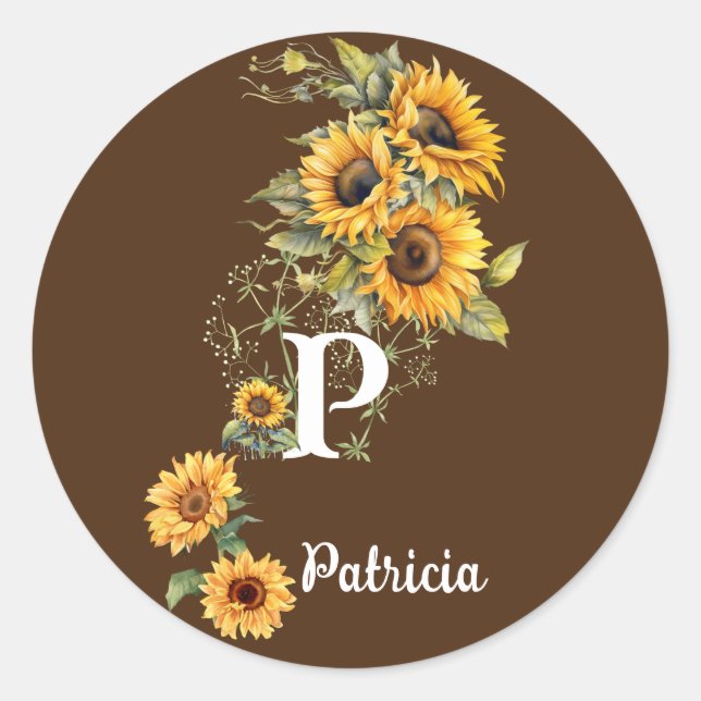 Pegatina Redonda Nombre personalizado y girasoles cortos iniciales  (Anverso)