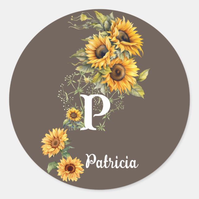 Pegatina Redonda Nombre personalizado y girasoles iniciales amarill (Anverso)