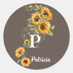 Pegatina Redonda Nombre personalizado y girasoles iniciales amarill