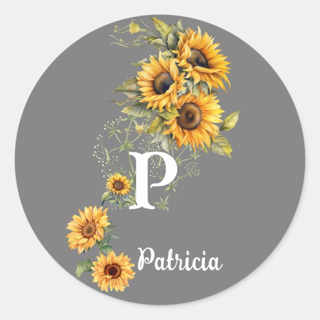 Pegatina Redonda Nombre personalizado y girasoles iniciales de vera (Anverso)