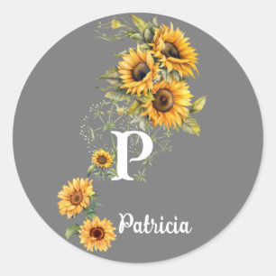 Pegatina Redonda Nombre personalizado y girasoles iniciales de vera
