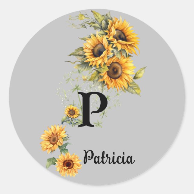 Pegatina Redonda Nombre personalizado y girasoles iniciales de vera (Anverso)