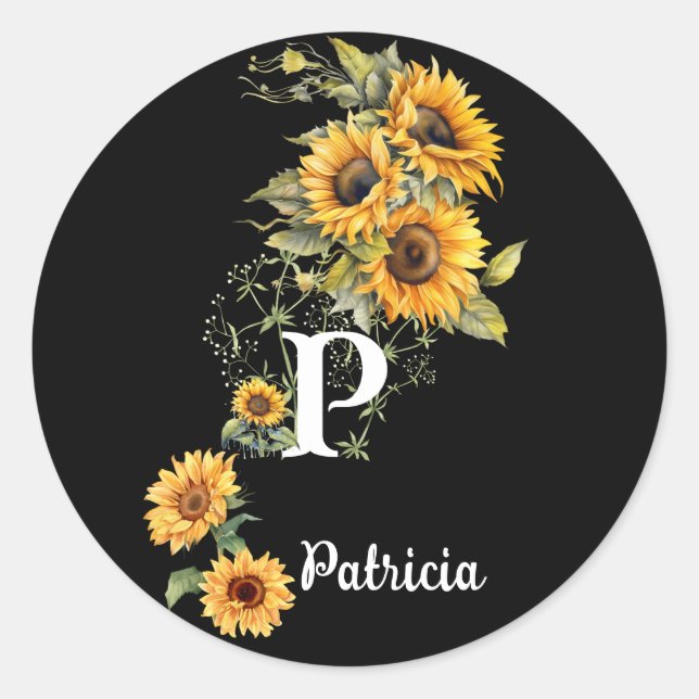 Pegatina Redonda Nombre personalizado y girasoles modernos iniciale (Anverso)