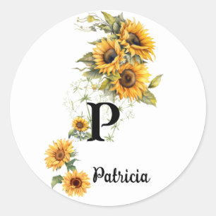 Pegatina Redonda Nombre personalizado y Moda inicial girasoles amar