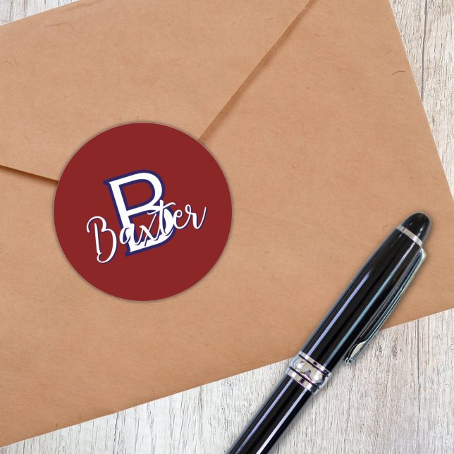 Pegatina Redonda Nombre Rojo Blanco y Azul y Monograma Personalizad (Red White & Blue Name and Monogram Personalized Classic Round Sticker
)