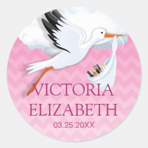 Pegatina Redonda Nombre rosado del bebé de Ombre Chevron