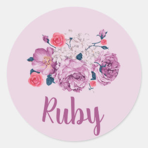 Pegatina Redonda Nombre Ruby Floral Personalizado Flor Vintage Rosa