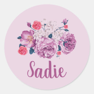 Pegatina Redonda Nombre Sadie Floral Personalizado Flor Vintage Ros