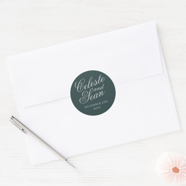 Pegatina Redonda Nombre simple Boda Fecha Favor Envelope Classic R (Sobre)