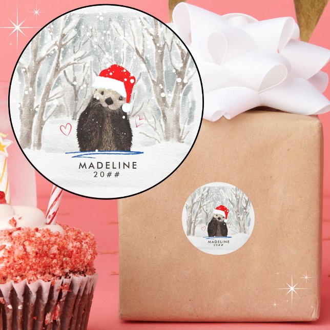 Pegatina Redonda Nombre y año de Santa Otter lindo y tierno (Personalize with a name and year. 
)