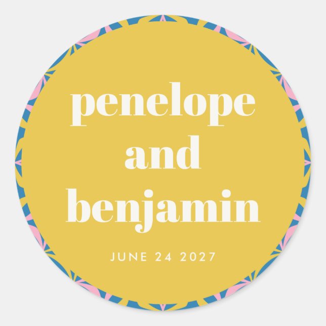 Pegatina Redonda Nombres de bodas geométricas coloreadas y amarilla (Anverso)