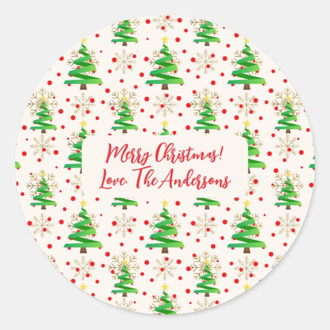 Pegatina Redonda Nombres de "Feliz Navidad", árboles y copos de nie (Anverso)