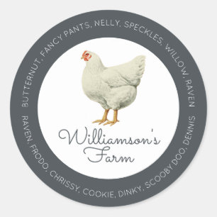 Pegatina Redonda Nombres de gallina de granja vintage Cartón de hue