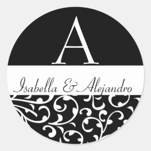Pegatina Redonda Nombres de Monograma de Damask Swirl Etiquetas de 