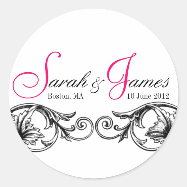 Pegatina Redonda Nombres de monograma Fecha Lugar Pegatinas de boda (Anverso)