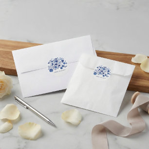 Pegatina Redonda Nombres de Pareja Floral Delft Azul Polvoriento