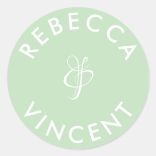 Pegatina Redonda Nombres Personalizados Boda Verde Menta Minimalist