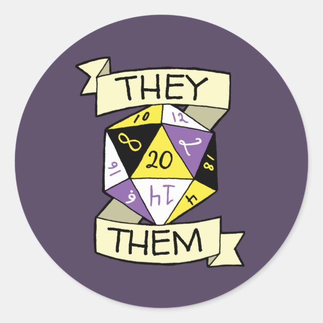 Pegatina Redonda Nonbinary They Them Pronouns D20 Tabletop Dice (Anverso)