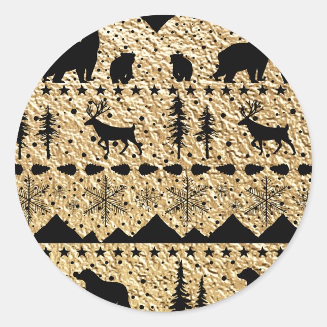 Pegatina Redonda Nórdico Sweater Black Winter Animals Gold (Anverso)