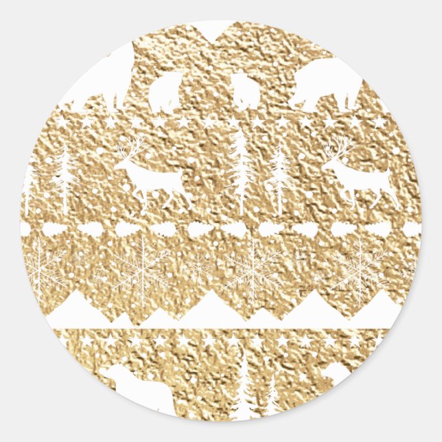 Pegatina Redonda Nórdico Sweater White Winter Animals Gold Classic  (Anverso)