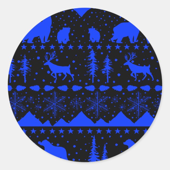 Pegatina Redonda Nórdicos Sweater Winter Animals Royal Blue & Black (Anverso)