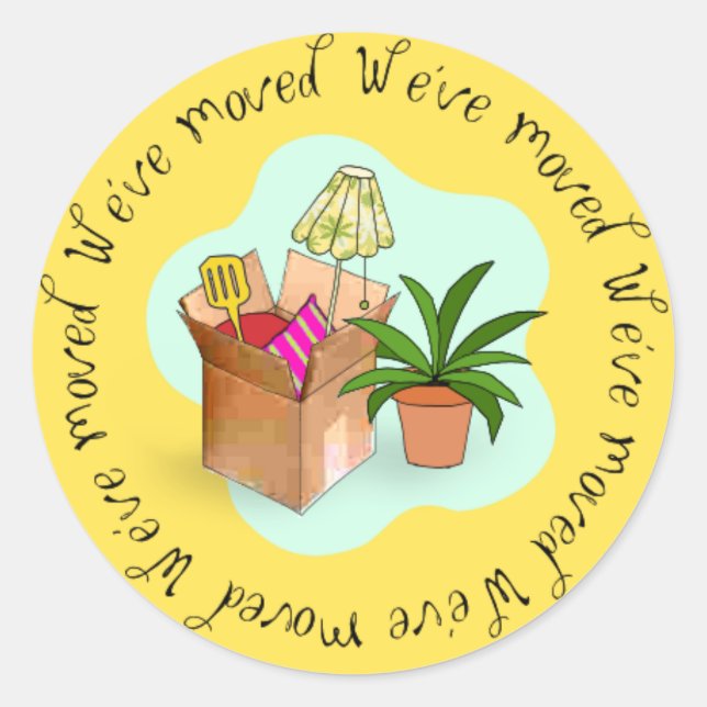 Pegatina Redonda Nos hemos mudado (Anverso)