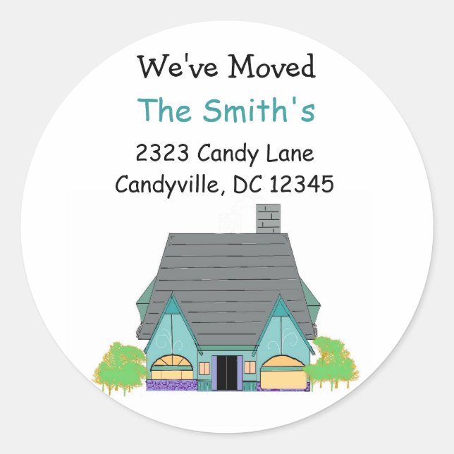 Pegatina Redonda Nos hemos mudado de nuevo hogar (Anverso)