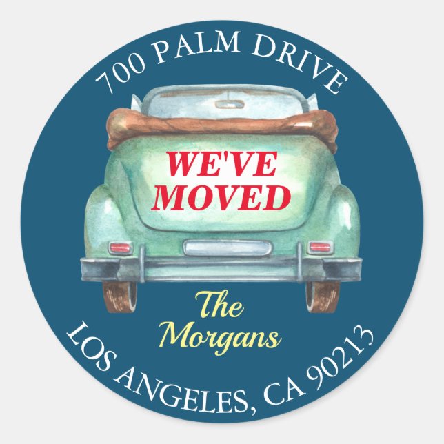 Pegatina Redonda Nos hemos mudado, dirección de retorno, auto viejo (Anverso)