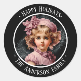 Pegatina Redonda Nostálgico negro Feliz feriado con chica en rosa