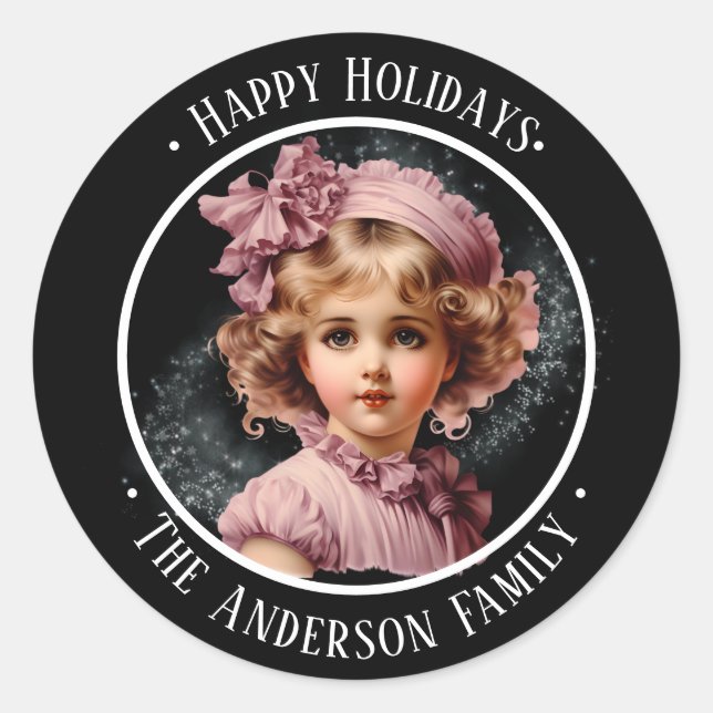 Pegatina Redonda Nostálgico negro Feliz feriado con chica en rosa (Anverso)