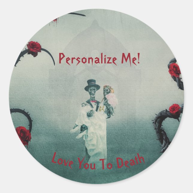 Pegatina Redonda Nota de amor de bodas de esqueleto gótico hasta la (Anverso)
