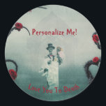 Pegatina Redonda Nota de amor de bodas de esqueleto gótico te ama h<br><div class="desc">Agrega un mensaje personalizado hecho a medida en las pegatinas de esqueleto gótico de bodas te amo hasta la muerte. Puedes personalizarlos completamente con un saludo,  gracias,  deseos de celebración,  simpatía o cualquier otra cosa que desees.</div>