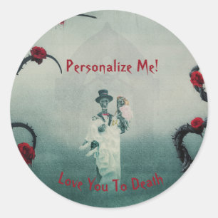 Pegatina Redonda Nota de amor de bodas de esqueleto gótico te ama h