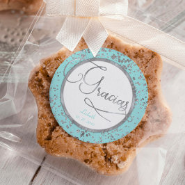 Pegatina Redonda Nota de regalo del círculo, Baby Blue Silver Graci