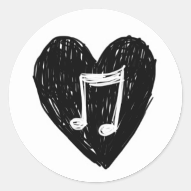 Pegatina Redonda Nota musical de Love Heart Doodle Black on White (Anverso)
