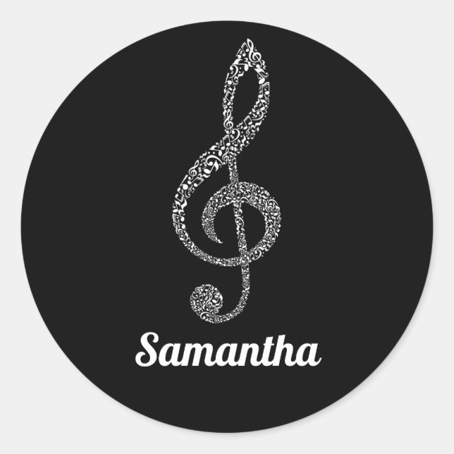 Pegatina Redonda Notas Blancas Simple Modern Treble Clef Ilustradas (Anverso)