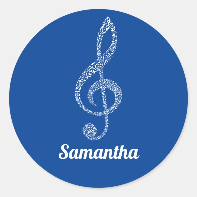 Pegatina Redonda Notas Blancas Simple Modern Treble Clef Ilustradas (Anverso)