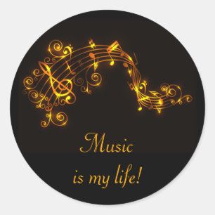 Pegatina Redonda Notas musicales de Black and Gold Swirling