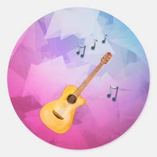 Pegatina Redonda Notas musicales de guitarra acústica fondo geométr