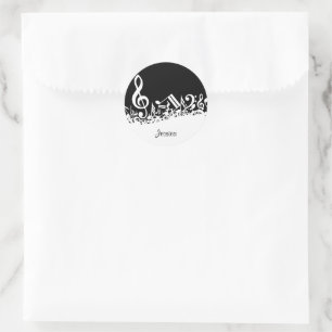 Pegatina Redonda Notas musicales embarulladas blancas